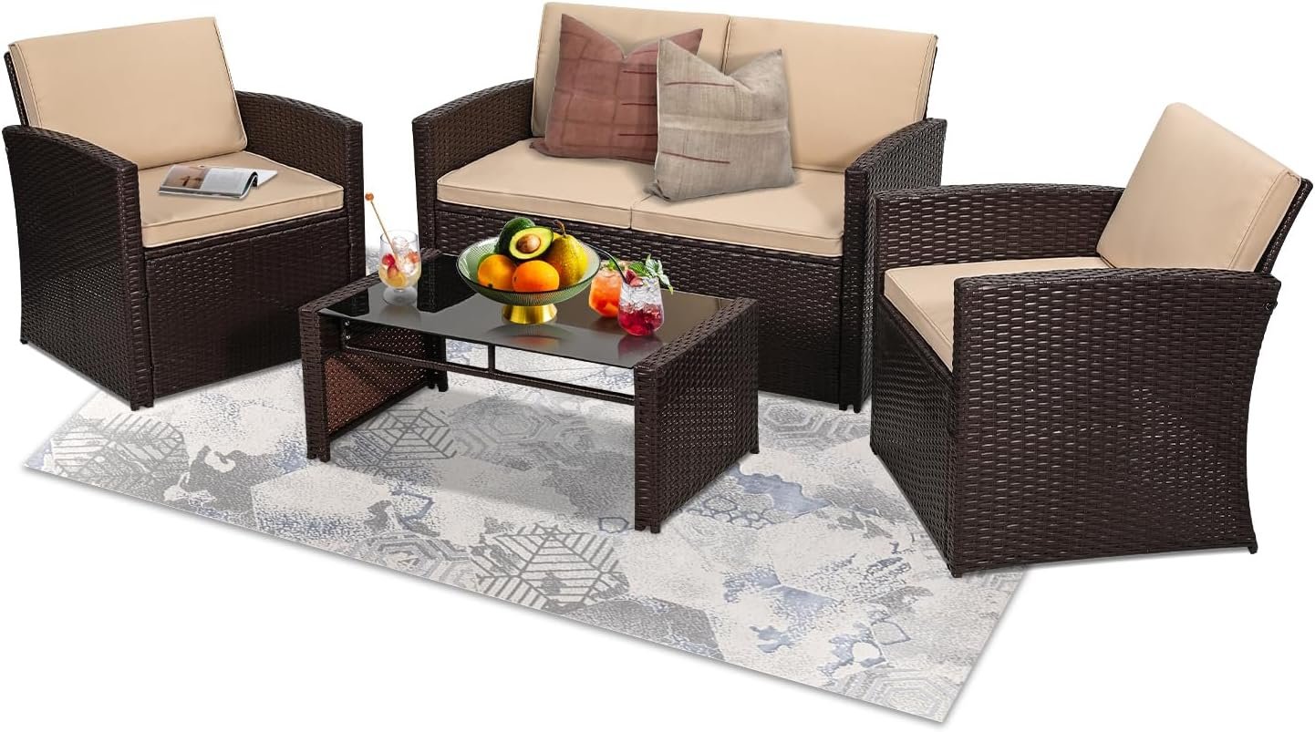 KROFEM 4 Piece Patio Furniture Set, Outdoor Wicker Conversation Set