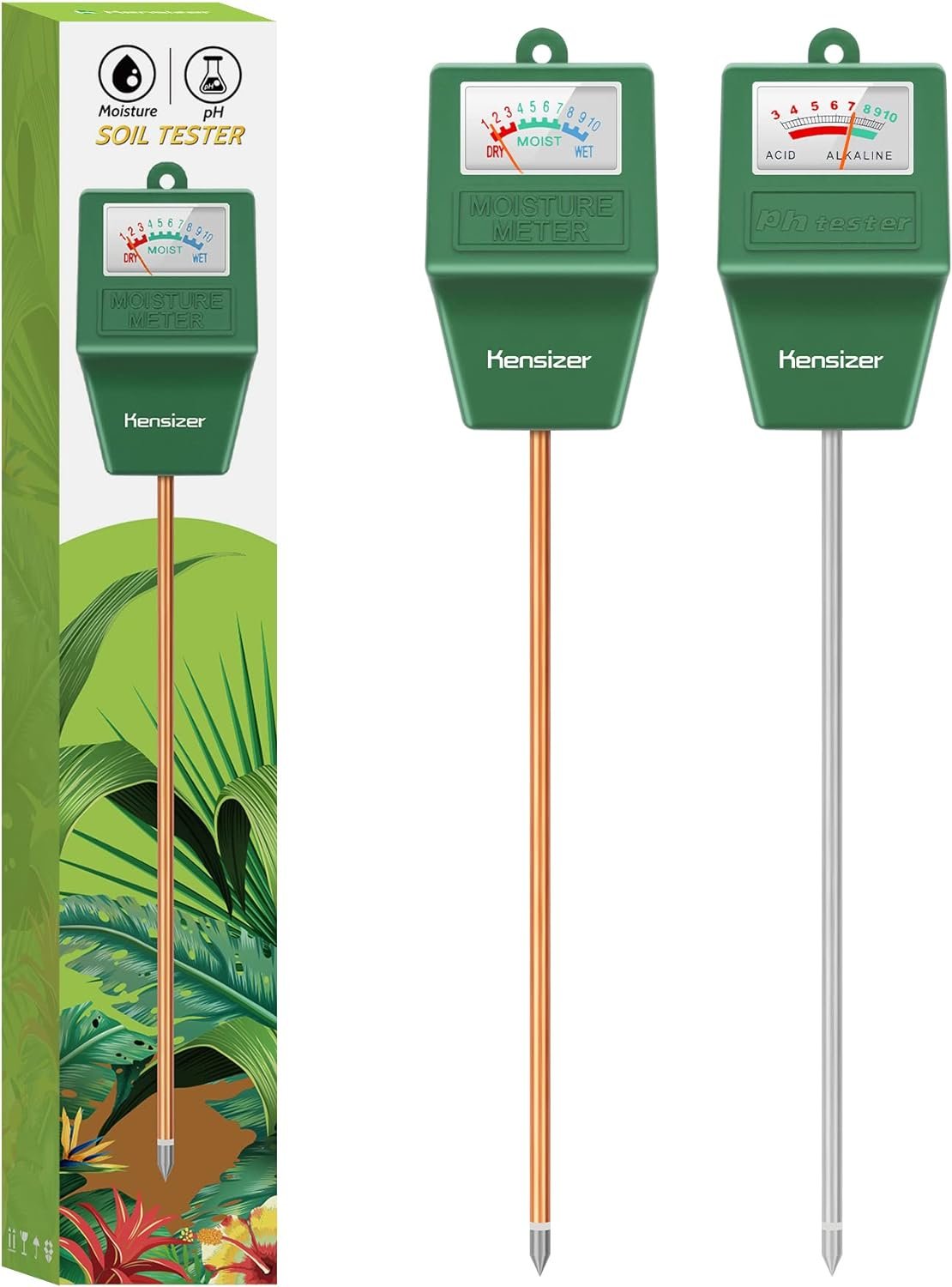 Kensizer Soil Tester, Soil Moisture/pH Meter, Gardening Farm Lawn Test Kit Tool, Digital Plant Probe, Water Hydrometer for Indoor Outdoor, No Battery Required, Green