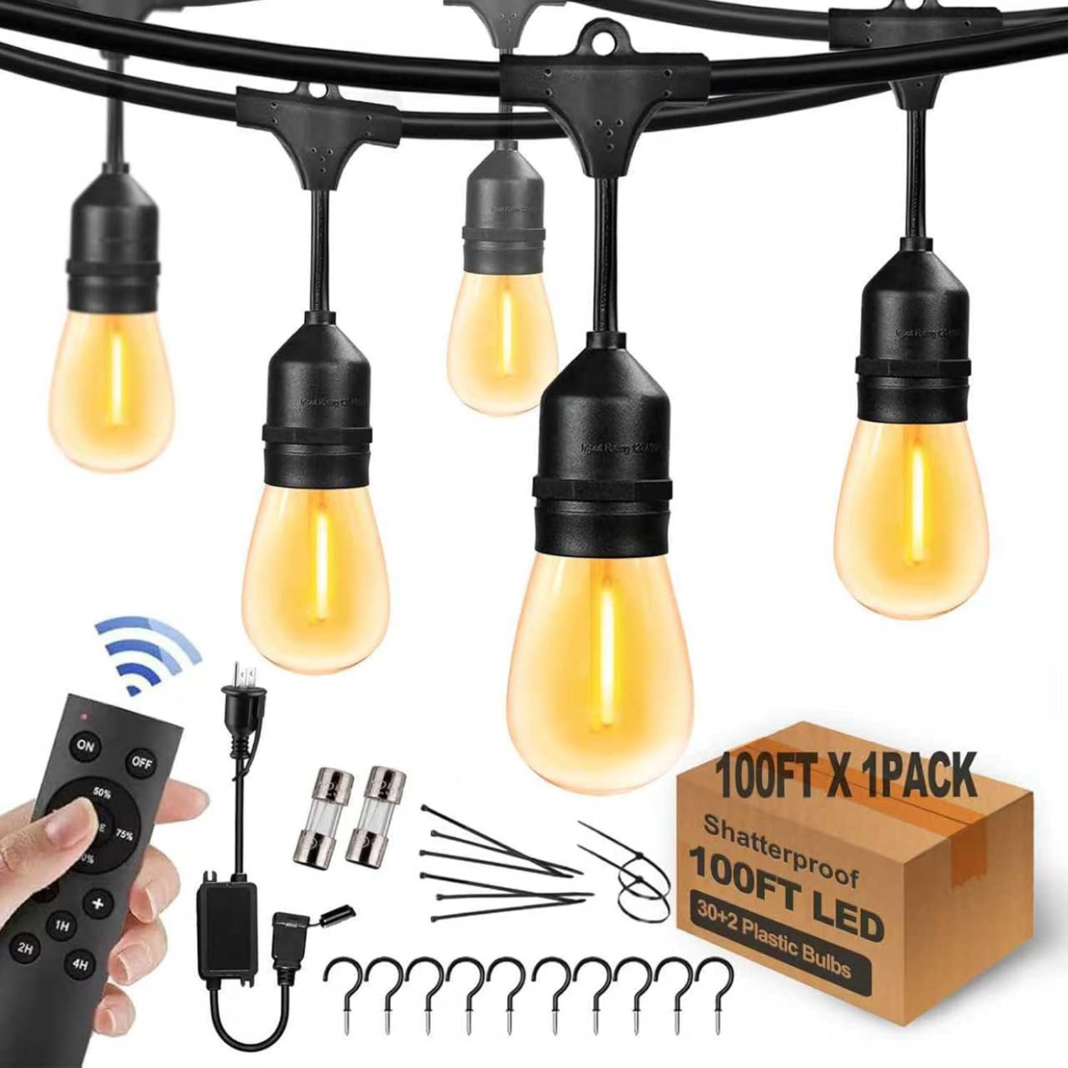 100FT Outdoor String Lights Remote Control Patio Lights Waterproof Commercial Grade, 30+2 Replaceable Dimmable Edison Bulbs, Black 1Pack, Linkable, Hooks and Zip Ties Included