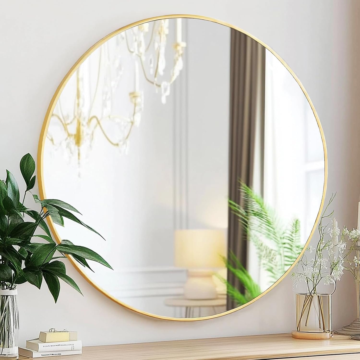 Sunniry Gold Round Mirror, 24 inch Circle Mirror, Brushed Gold Metal Frame