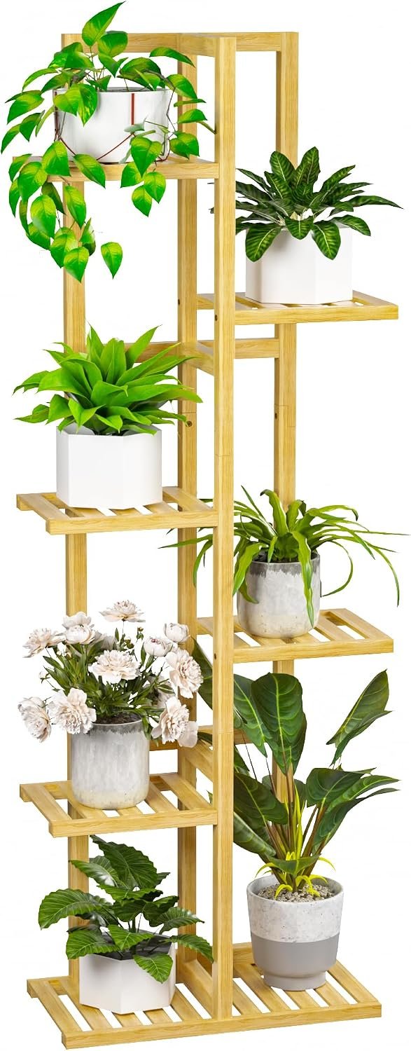 ROMGUAR CRAFT 6 Tier Bamboo Plant Stand Indoor, Tall Flower Holder, Natural