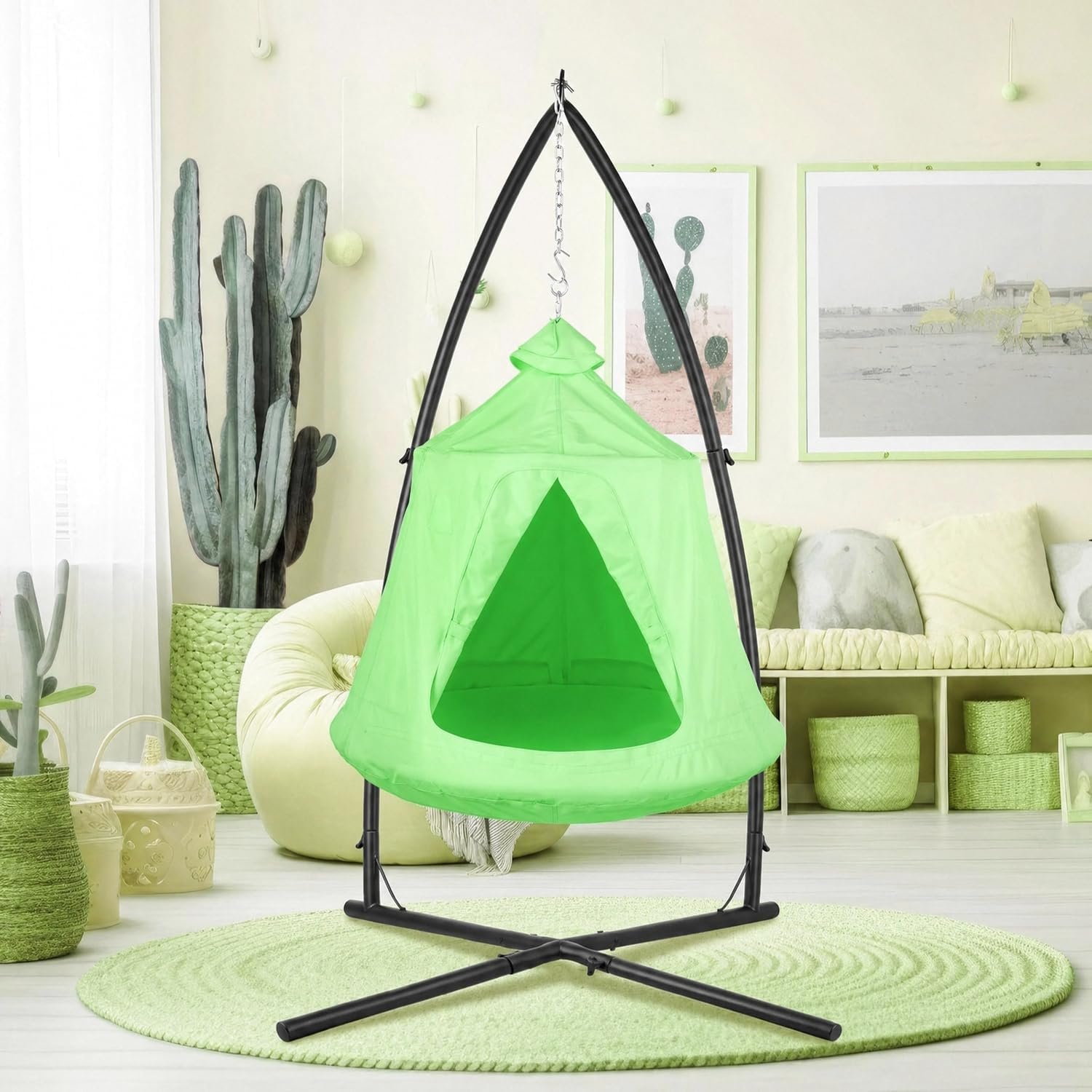 Arlopu Hanging Hammock X-Stand w/Tree Tent, Swing Chair Stand w/Play Tent
