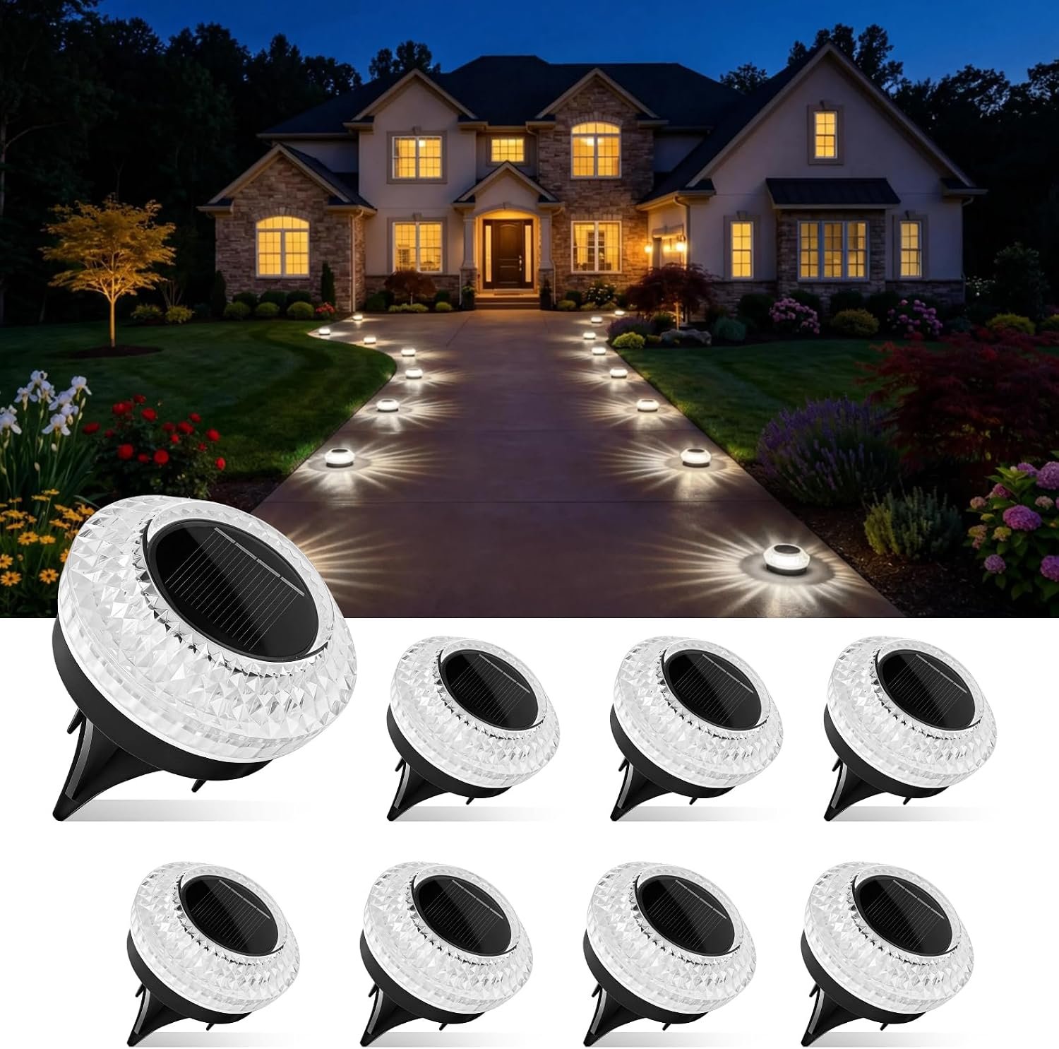 8 Pack Solar Ground Lights Outdoor, Pathway Lights, Cold White