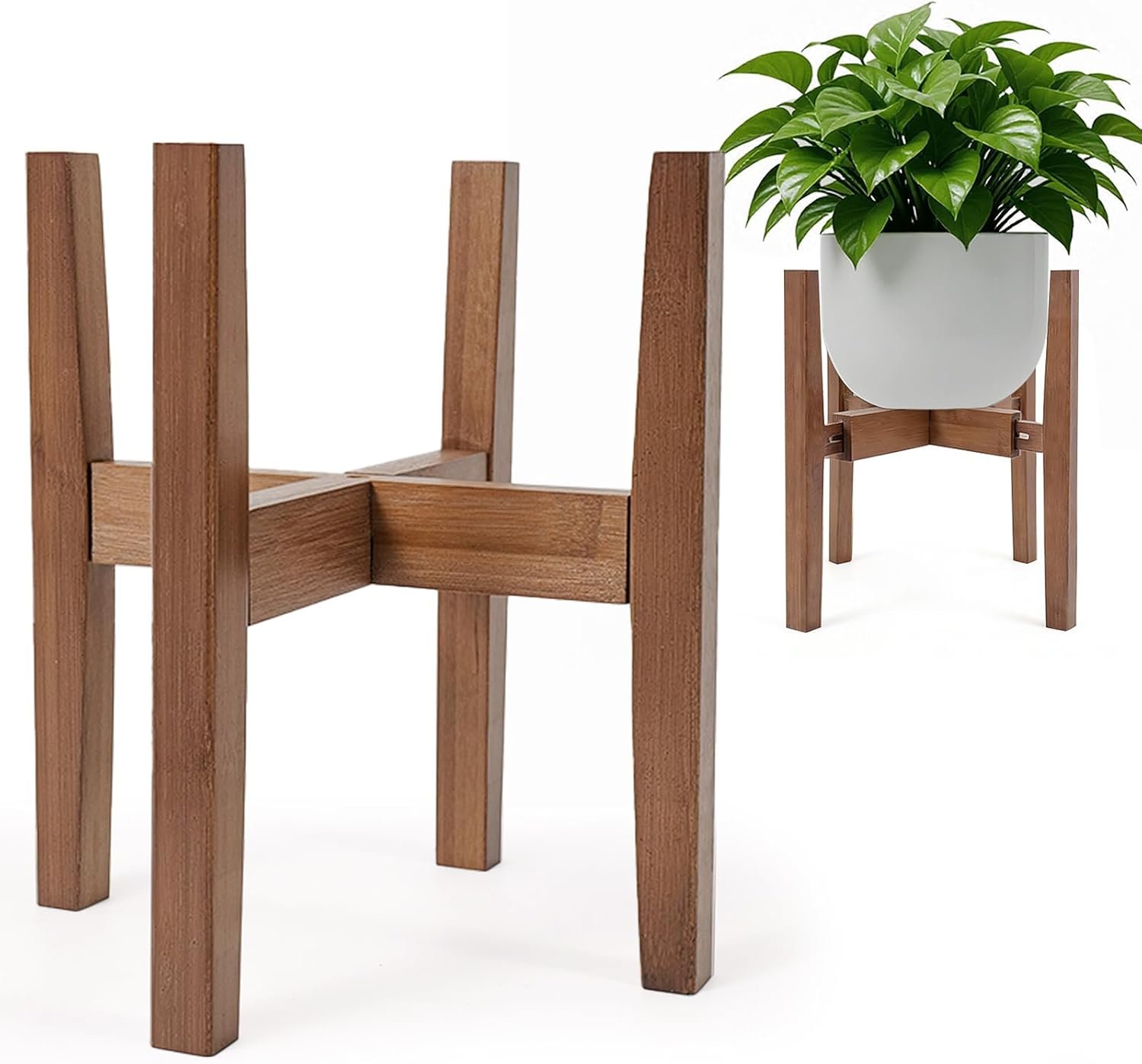 Adjustable Natural Bamboo Plant Stand, 8-12in Pots, Mid Century Style