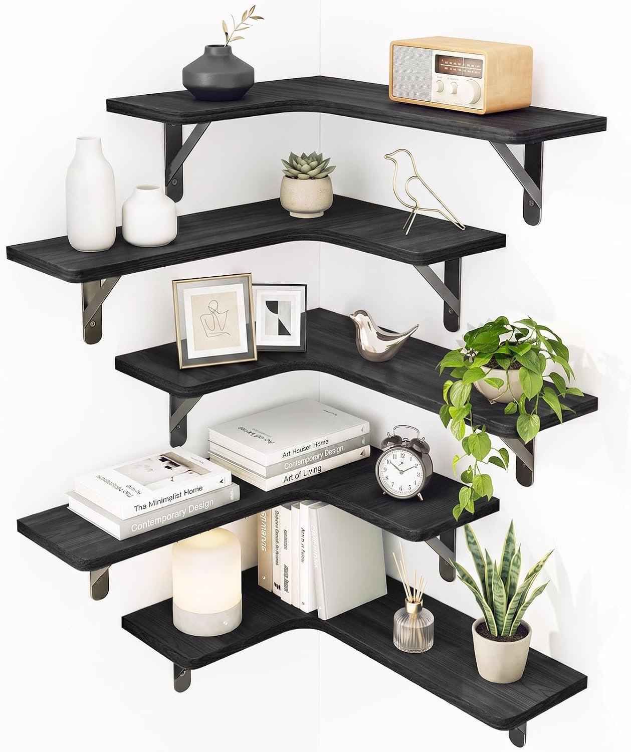 Fixwal Conner Shelves Wall Mounted for Decor, Black Set of 5