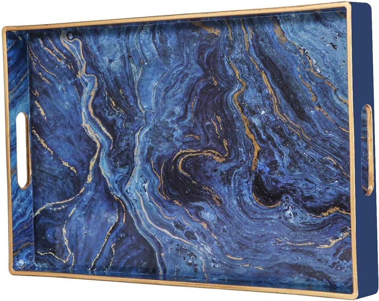 Plastic Serving and Decorative Tray with Handles for Ottoman, Coffee Table, Bathroom Vanity, Blue Marble Rectangular Tray for Countertop and Kitchen, 15.6 x 10.2 Inches