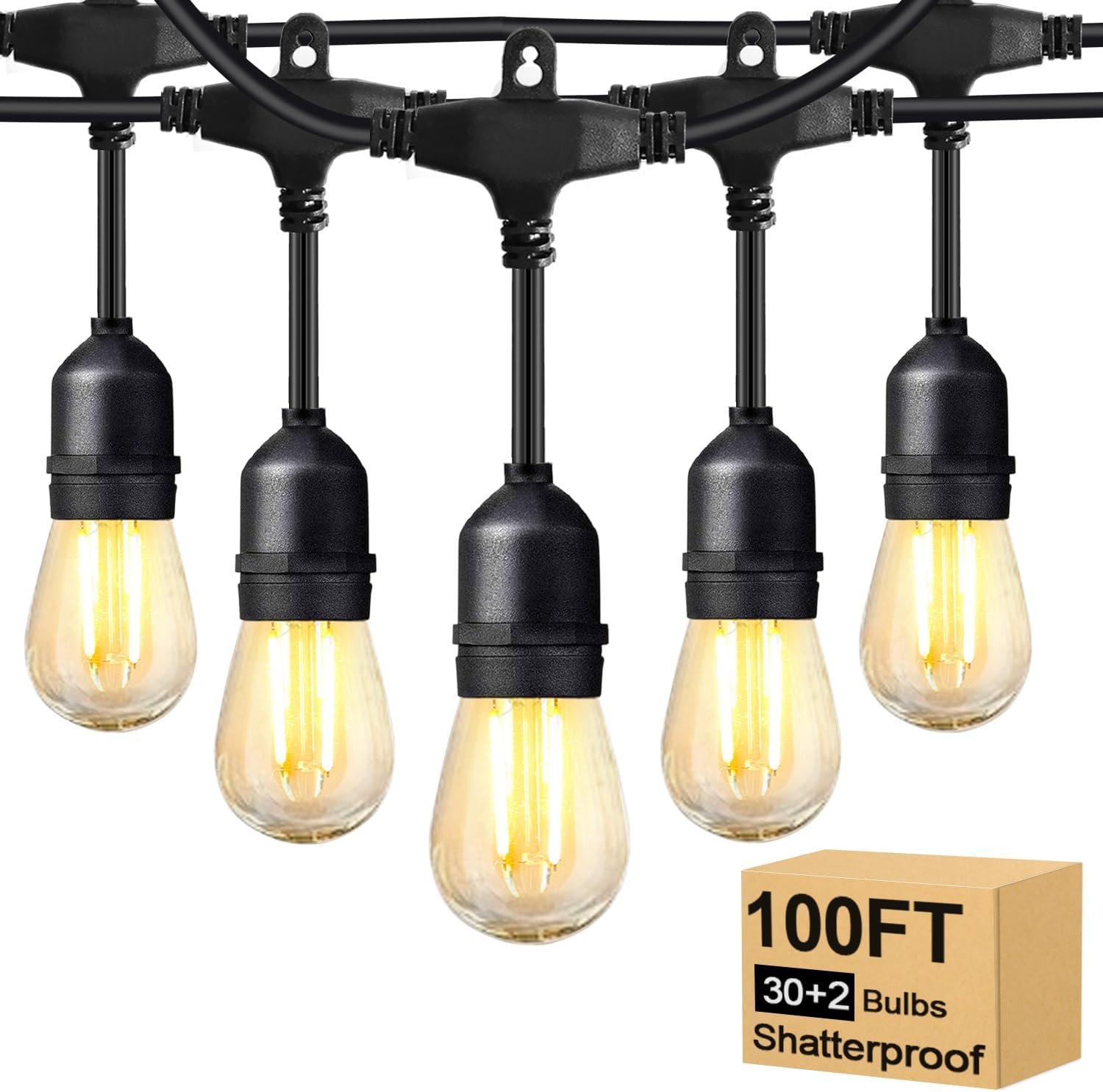 BRIMAX 2W 100FT Outdoor String Light Commercial Grade with 32 S14 LED Bulbs