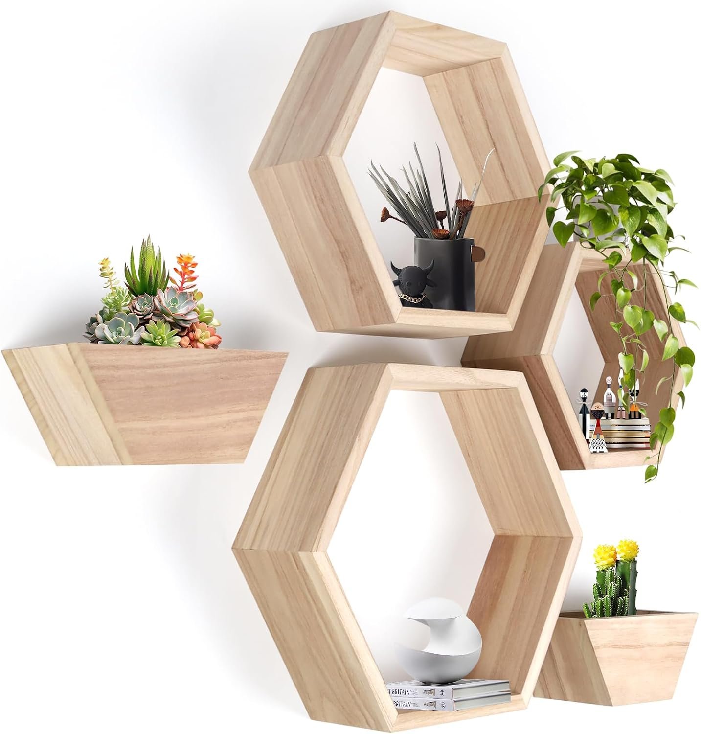 Wooden Hexagon Floating Shelves Set of 5 wall Mounted Honeycomb Shelf octogone shelve Geometric Shaped Organizer for Living Room Bathroom Bedroom Guest Room Decor Accessories nartural