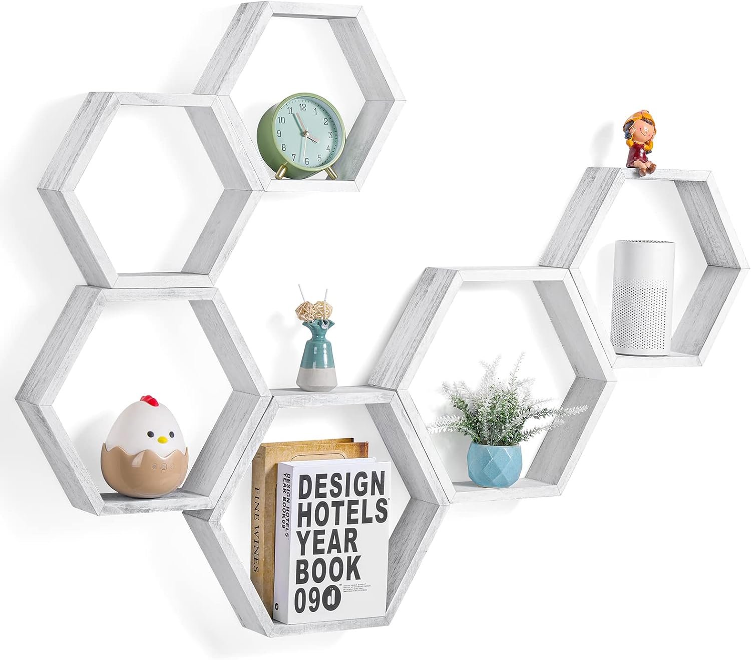 Hexagon Floating Shelves Wall Mounted Honeycomb Shelve Set of 6, White