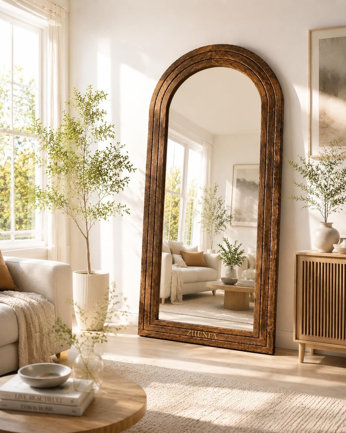 ZHUNFA Arched Full Length Mirror with Solid Wood Frame, 65×22, Brown