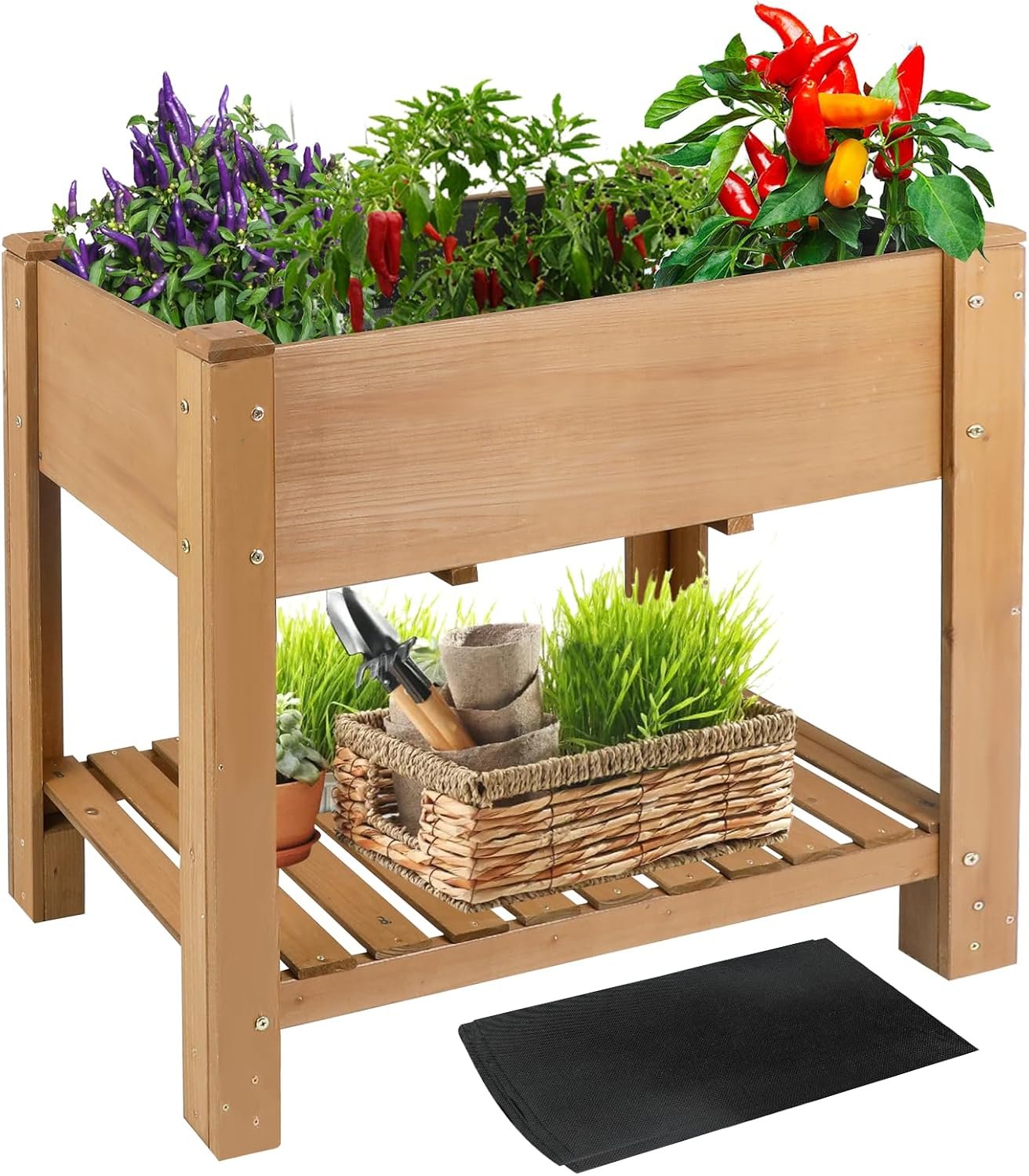 ketive Raised Garden Bed with Legs – Elevated Wooden Planter Box, Durable Fir Wood, Reinforced Frame with Drainage Holes, Liner, and Storage Shelf for Vegetables, Herbs, Flowers, 33.5″ x 18″ x 30″