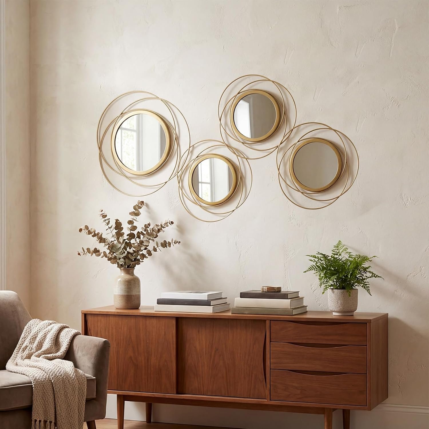 4 Piece Gold Round Wall Mirror Set Modern Metal Circles for Home Decor