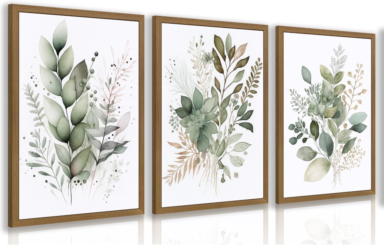 Msziryn Wood Framed Sage Green Botanical Wall Art Set of 3, Minimalist Farmhouse Floral Wall Decor, Watercolor Botanical Bathroom Poster Prints, Modern Wildflower Artwork for Living Room 12×16 Inch