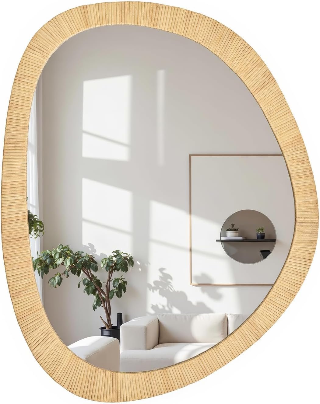 H HOMEWINS Rattan Wall Mirror,Boho Wicker Coastal Irregular Mirror