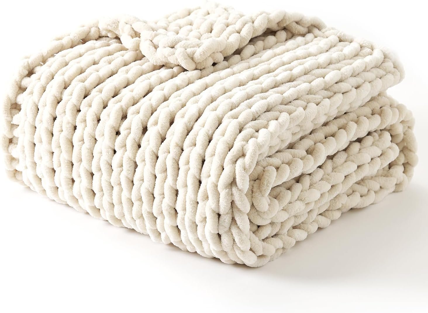 YnM Chunky Throw Blanket, Hand Knitted with Chenille Yarn, Skin Friendly, Ventilated and Breathable, Machine Washable, Home Décor Piece for Couch, Sofa and Bed (Butter Cream, 50×60 Inch)