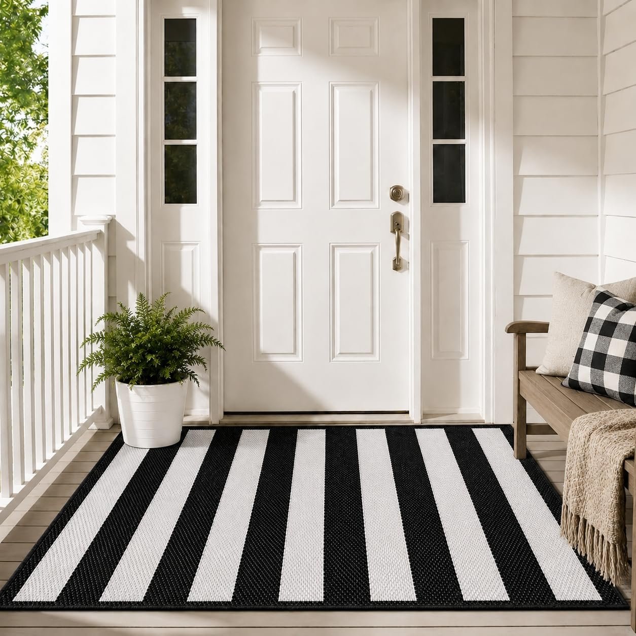 3×5 Ft Black and White Striped Reversible Plastic Straw Outdoor Rug