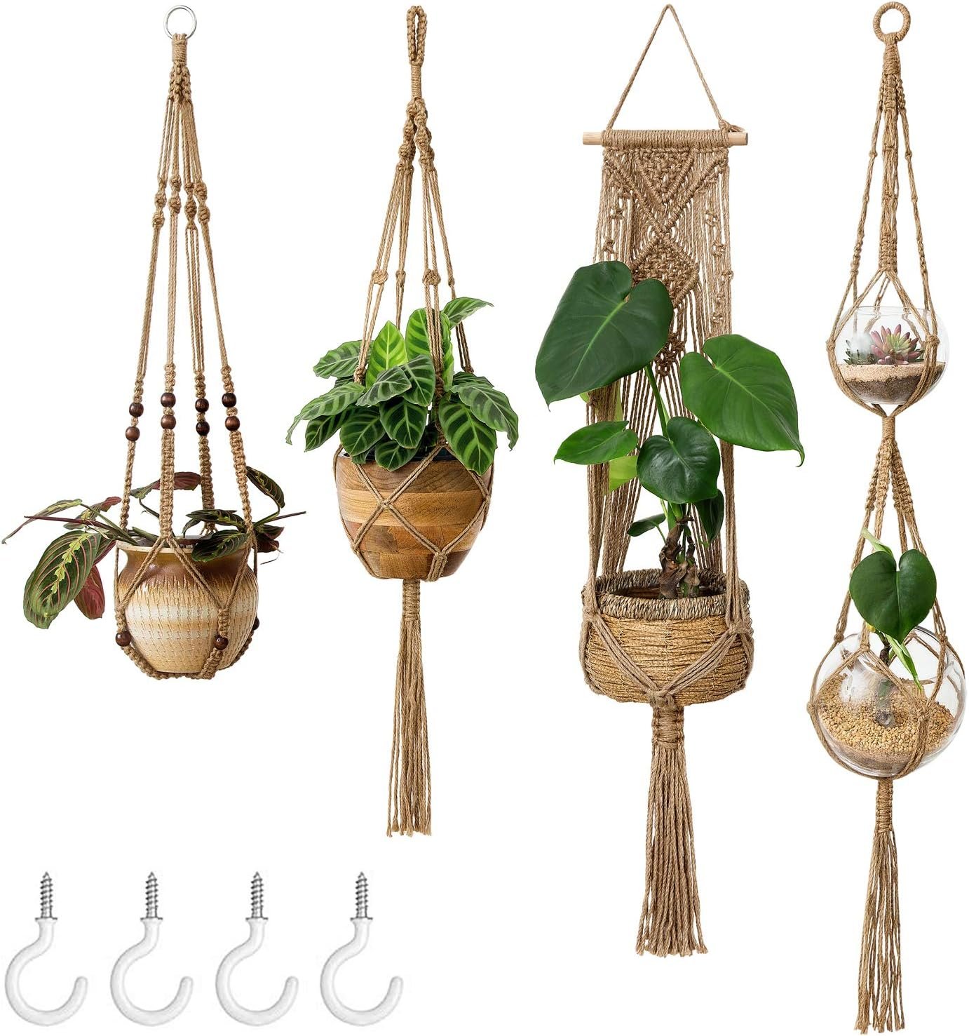 Mkono Macrame Plant Hangers Indoor Set of 4 Hanging Planter Basket Brown