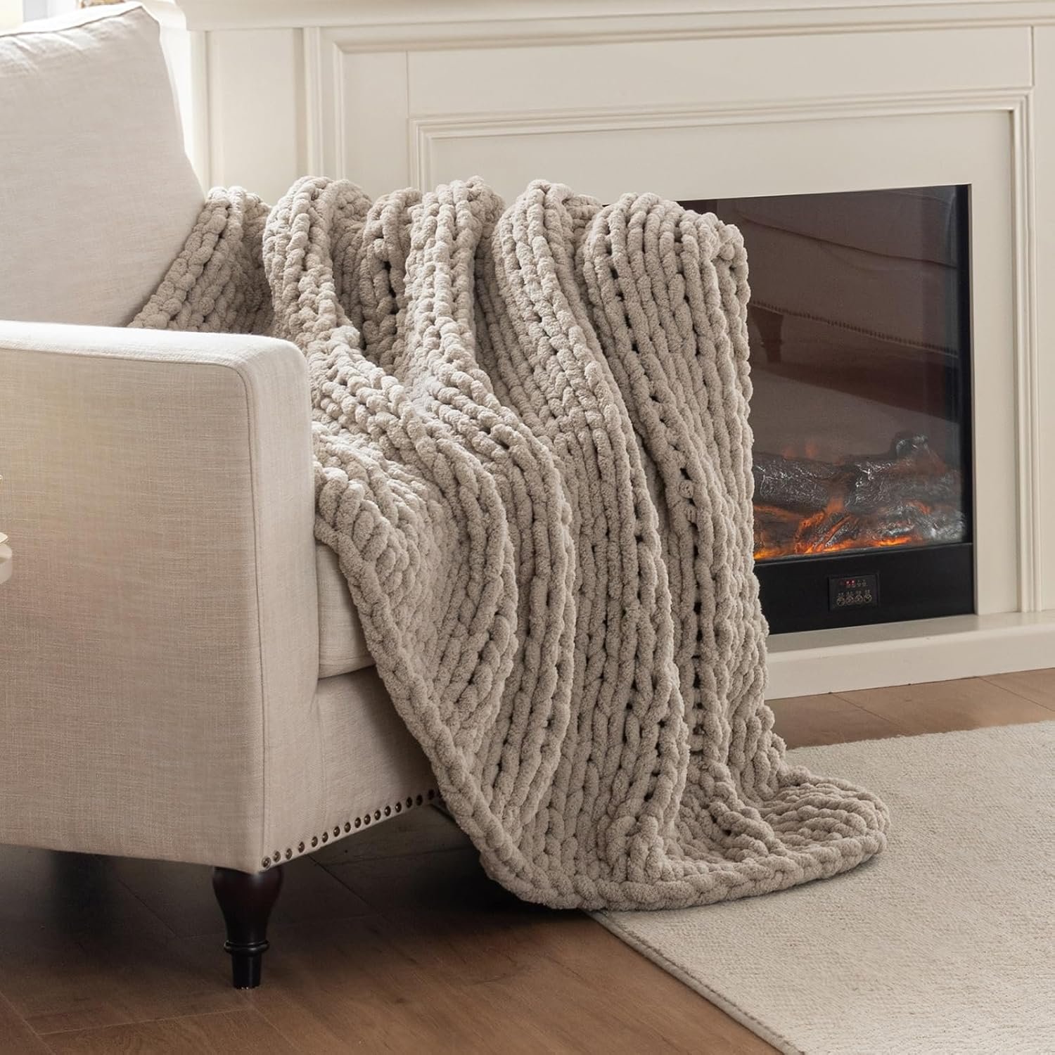 Chunky Knit Blanket Throw, 100% Hand Knit Throw Blanket Handmade Chenille Cable Knit Throw for Couch, Stylish Cozy Soft Rope Knot Crochet Blanket for Home Decor, Beige Linen, 50×60 Inches