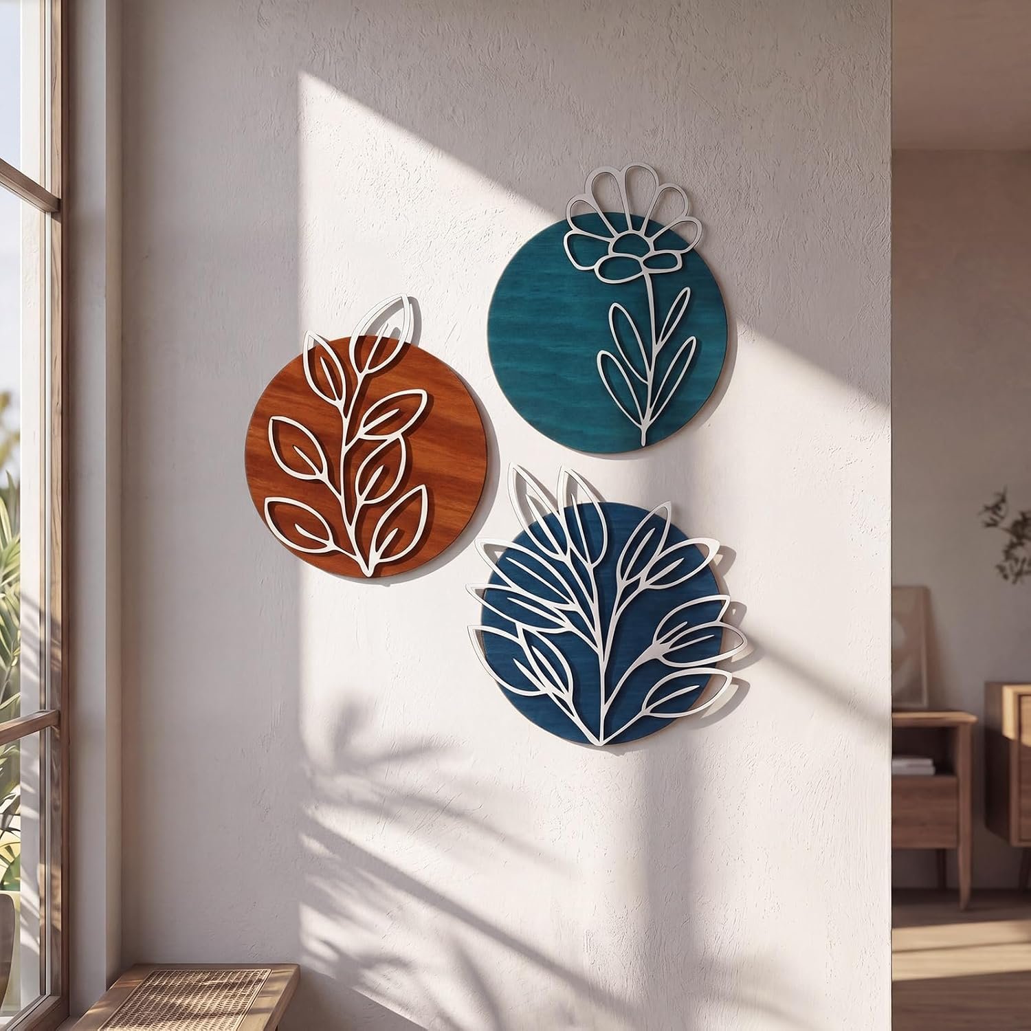 Wenqik Set of 3 Teal Style 3D Wood Metal Wall Art, Geometric Leaf