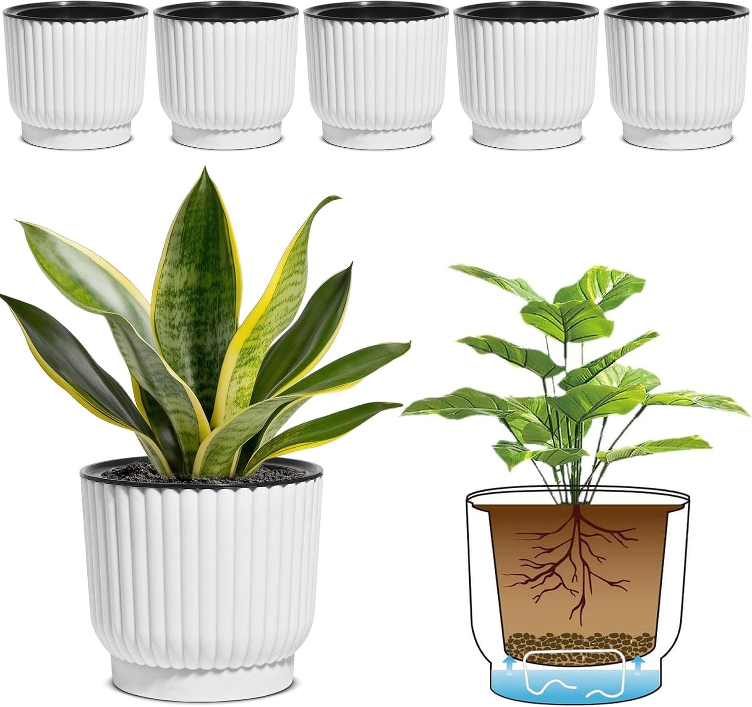 T4U Self Watering Pots for Indoor Plants, 6 Inch 6 Pack Planter White