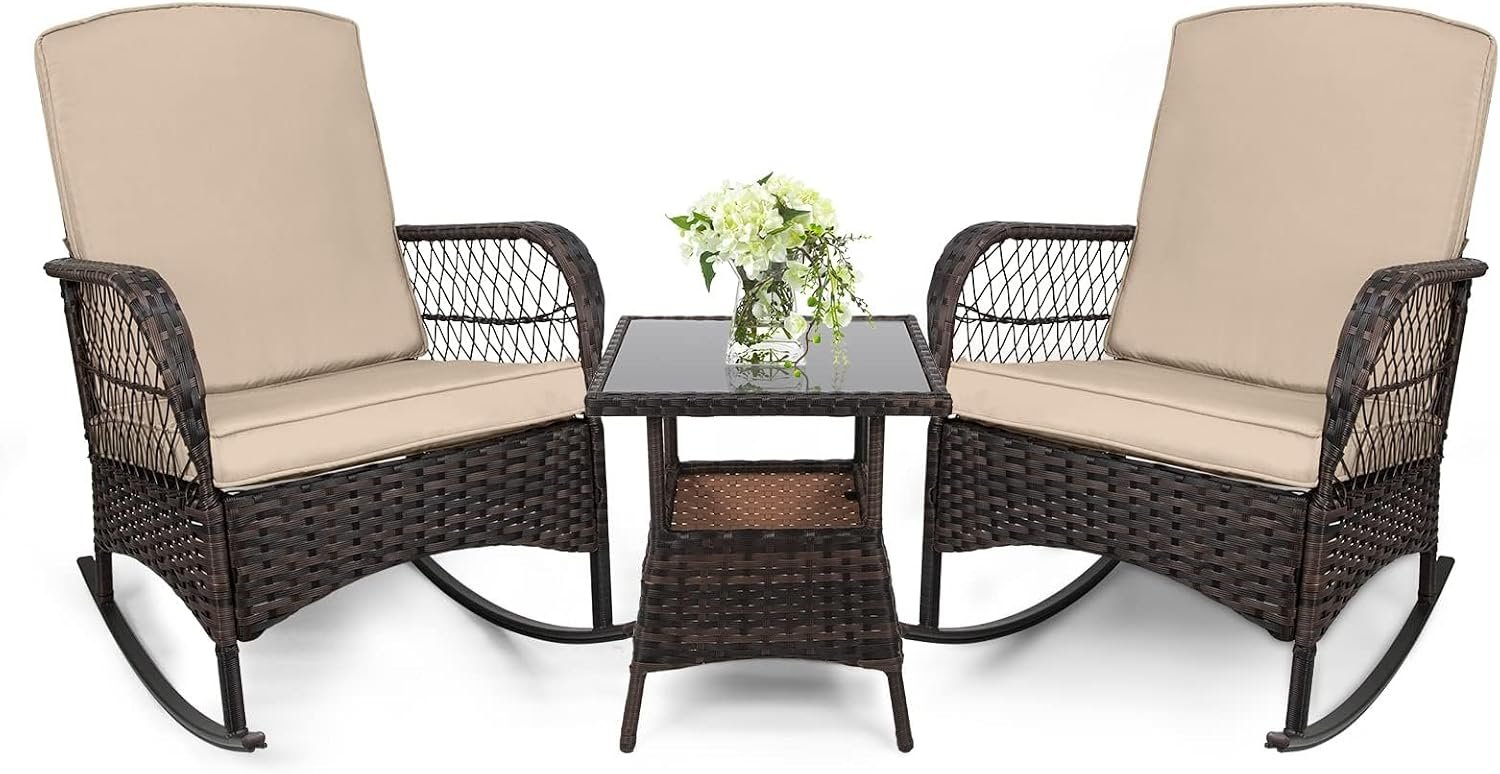 LEVELEVE 3 pcs Rocking Bistro Set Conversation Chairs PE Wicker Outdoor Rocking Chairs & Glass Table,for Porch Lawn Garden Backyard Deck(Rocking Set,Khaki)