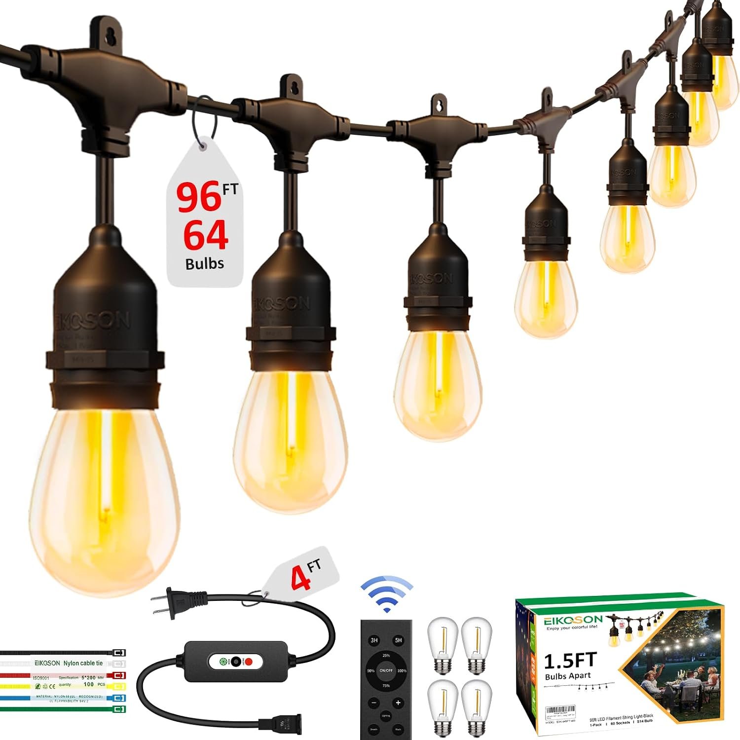 100FT Outdoor String Lights Waterproof with 60+4 Bulbs (1.5FT Bulbs Spacing), Remote & Dimmer, Commercial Grade Patio Lights with 3 Mode Light & Timing,100PC Ties for Outside