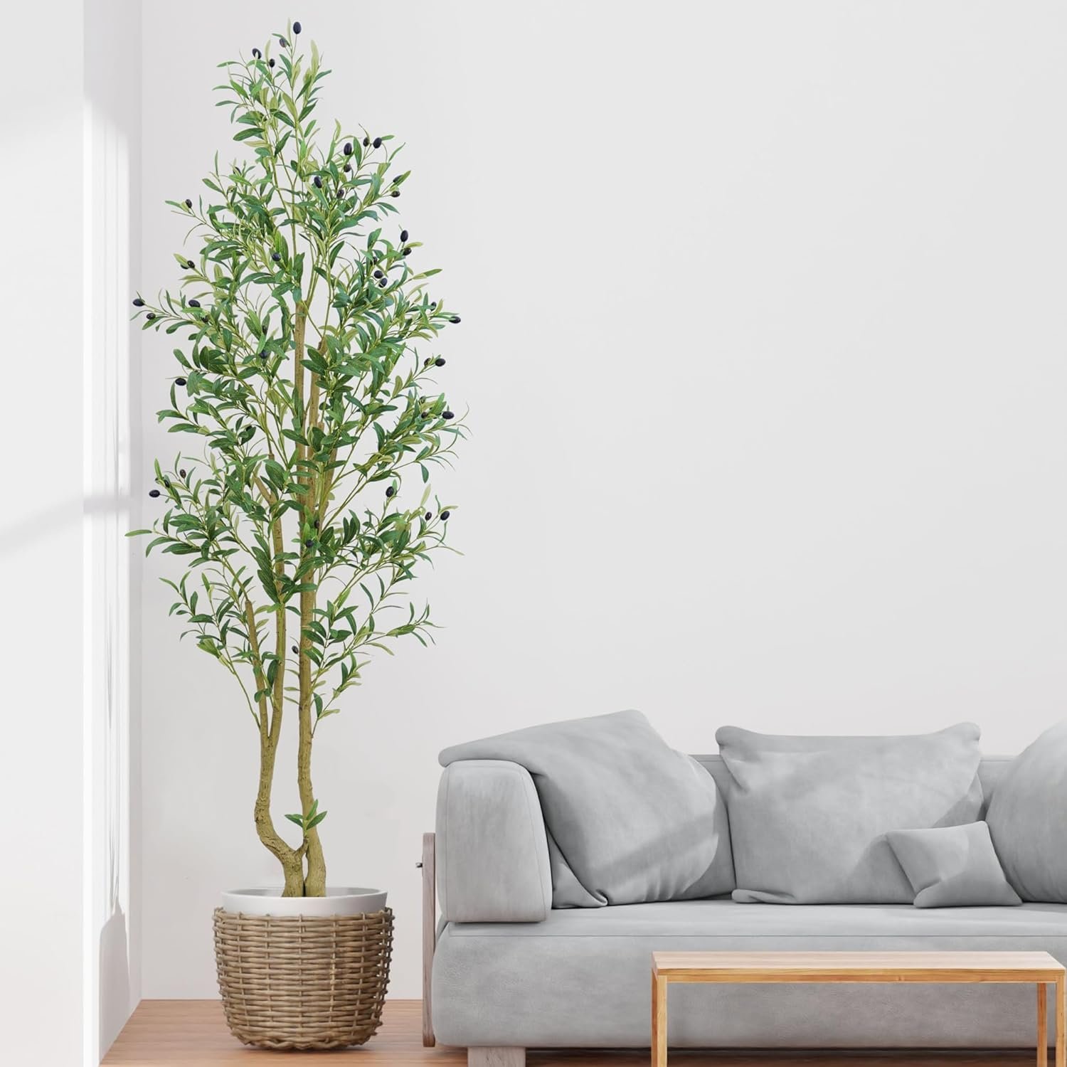 HZXGCP 6ft Artificial Olive Tree Indoor, Fake Olive Tree with White Pot, Faux Olive Tree with Dense Leaves & Realistic Fruits, Tall Artificial Plant for Home Living Room Office Entryway Decor