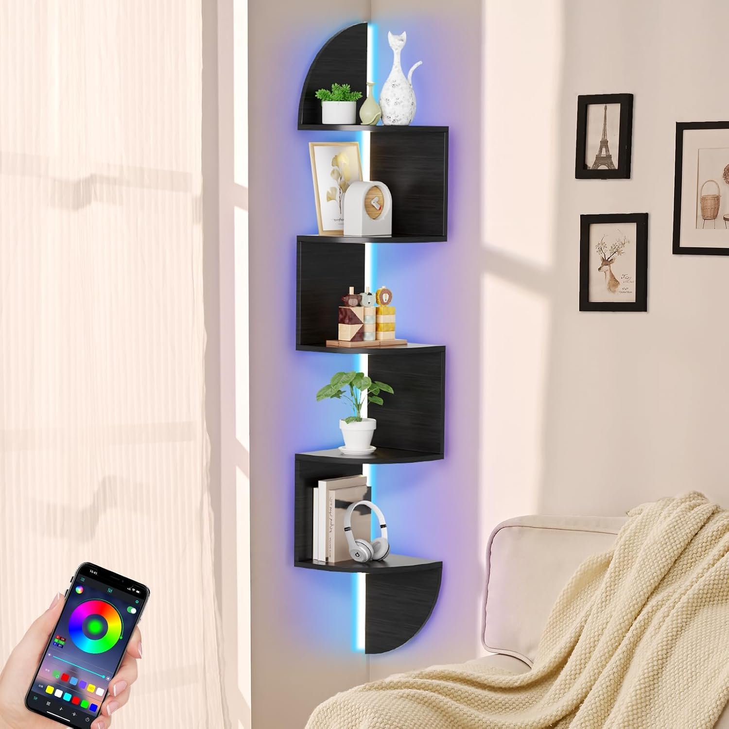 Waipfaru Corner Shelf, 5 Tier Bookshelf with LED Light, Corner Shelf Wall Mounted, Floating Shelves for Wall, Display Stand for Bedroom, Living Room, Bathroom, Home, Office, Black