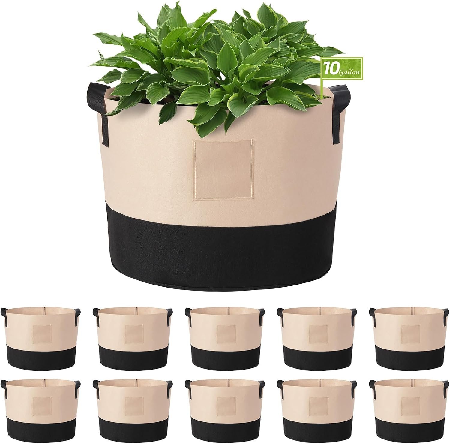 LITLANDSTAR 10 Gallon Fabric Grow Bags, 10 Pack Heavy Duty Thickened Nonwoven Plant Grow Bags with Handles and Label Bags, Fabric Plant Pots for Growing Vegetables Flowers Herbs (Black Mixed Camel)