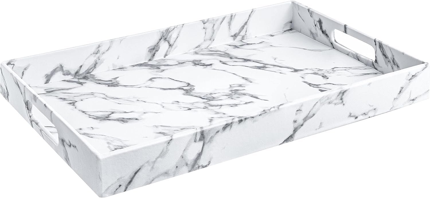 Home Redefined Modern Elegant 17.5″x12″ Rectangle White Marble Faux Leather Decorative Tray Ottoman Coffee Table Perfume Living Room Kitchen Serving Tray Display Vanity with Handles for All Occasion’s