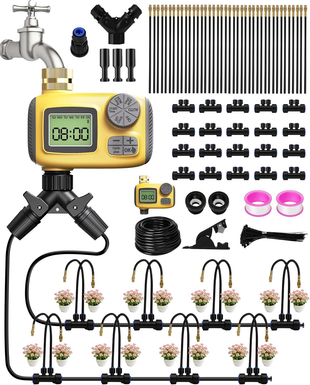 66FT Drip Irrigation System with Timer, Automatic Watering System Kit with Solid Brass Metal Connectors, 360° Dual‑Outlet Adjustable Nozzles for Garden, Yard, Lawn, Greenhouse & Potted Plants