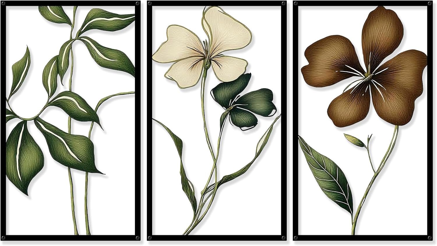 Harikikochuu 3Pcs Metal Floral Wall Art 3D Minimalist Wall Art Botanical Flower Hanging Sculptures Metal Wall Decor for Living Room Bathroom Bedroom Housewarming Gifts. (Size:17 * 9.8in)