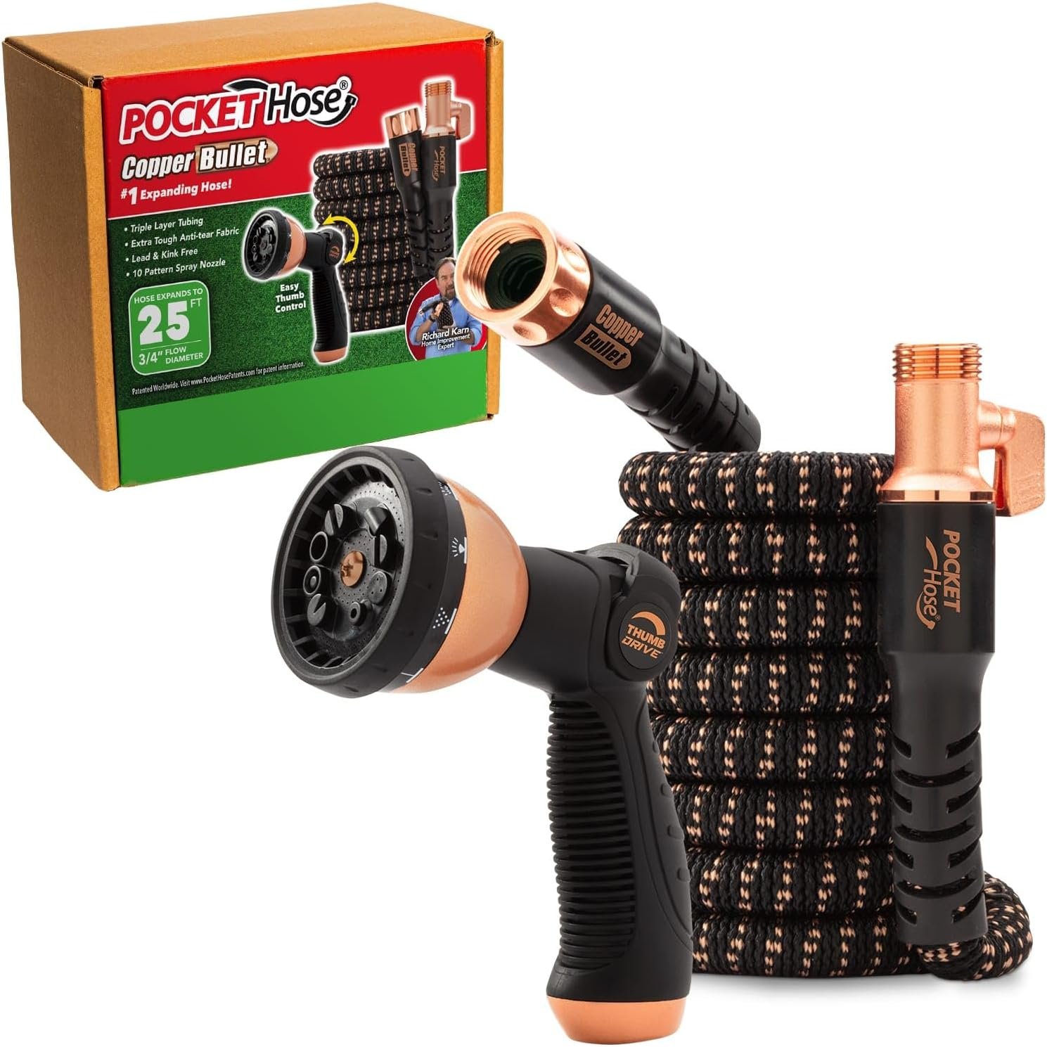 Pocket Hose 25 FT Copper Bullet Expandable Garden Hose, As Seen on TV