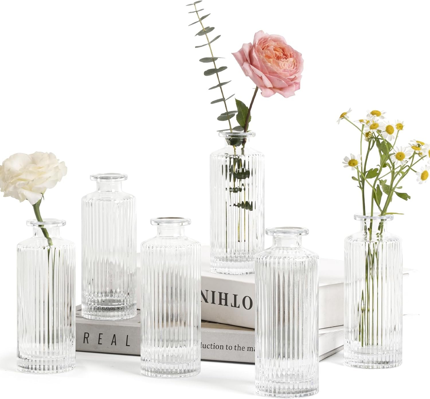 ComSaf Glass Small Bud Vases in Bulk 6 Pcs 5.2 Inch, Clear Flower Vases