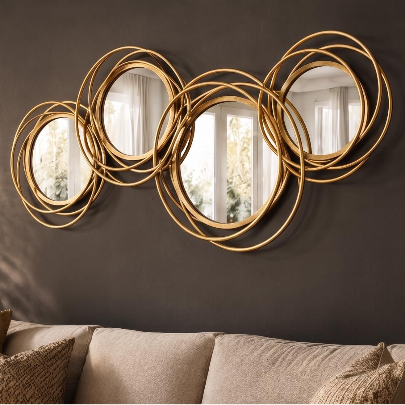 4-Circle Gold Decorative Wall Mirror, 43.3 x 17.3 in