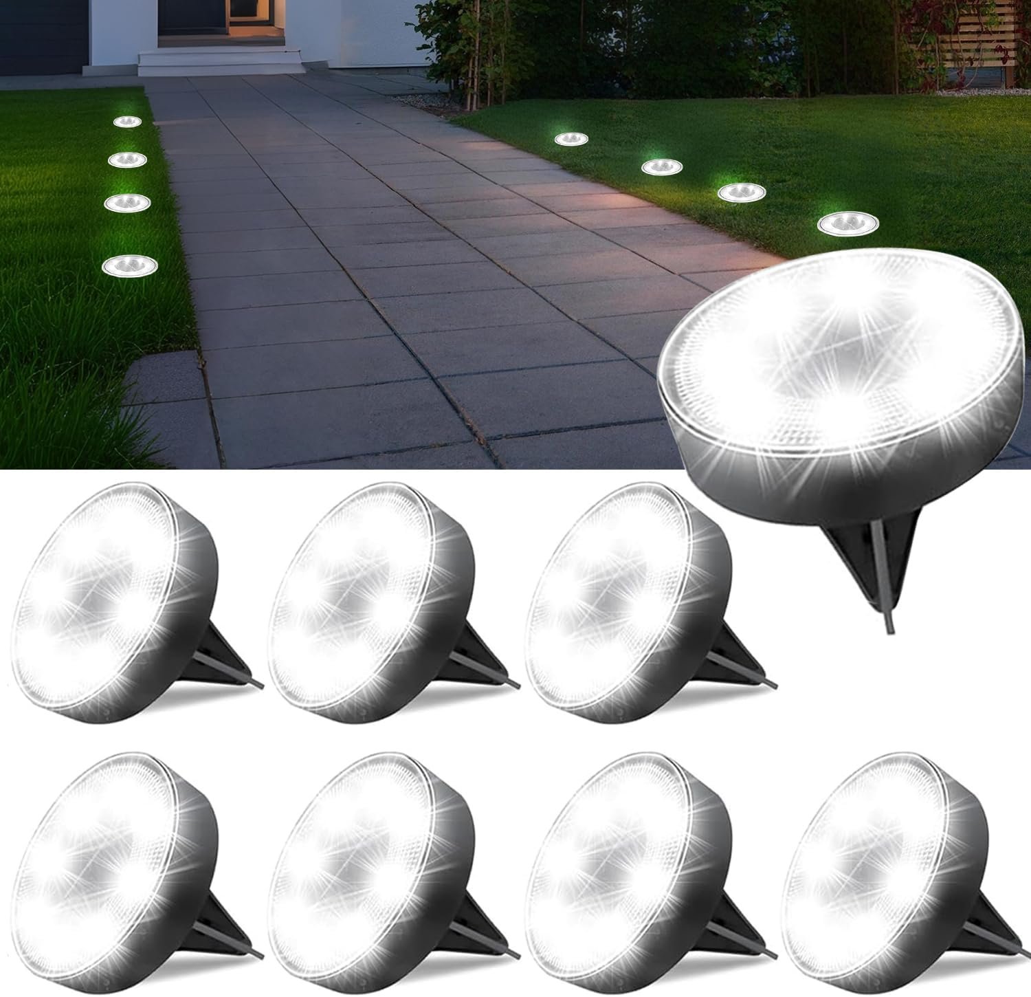 Ground Lights 8 Pack, IP68 Waterproof Solar Disc Lights for Outdoor, Flat Garden Light, In-Ground Light, Landscape Lighting for Pathway, Walkway, and Yard-8 Pcs (Cold White)
