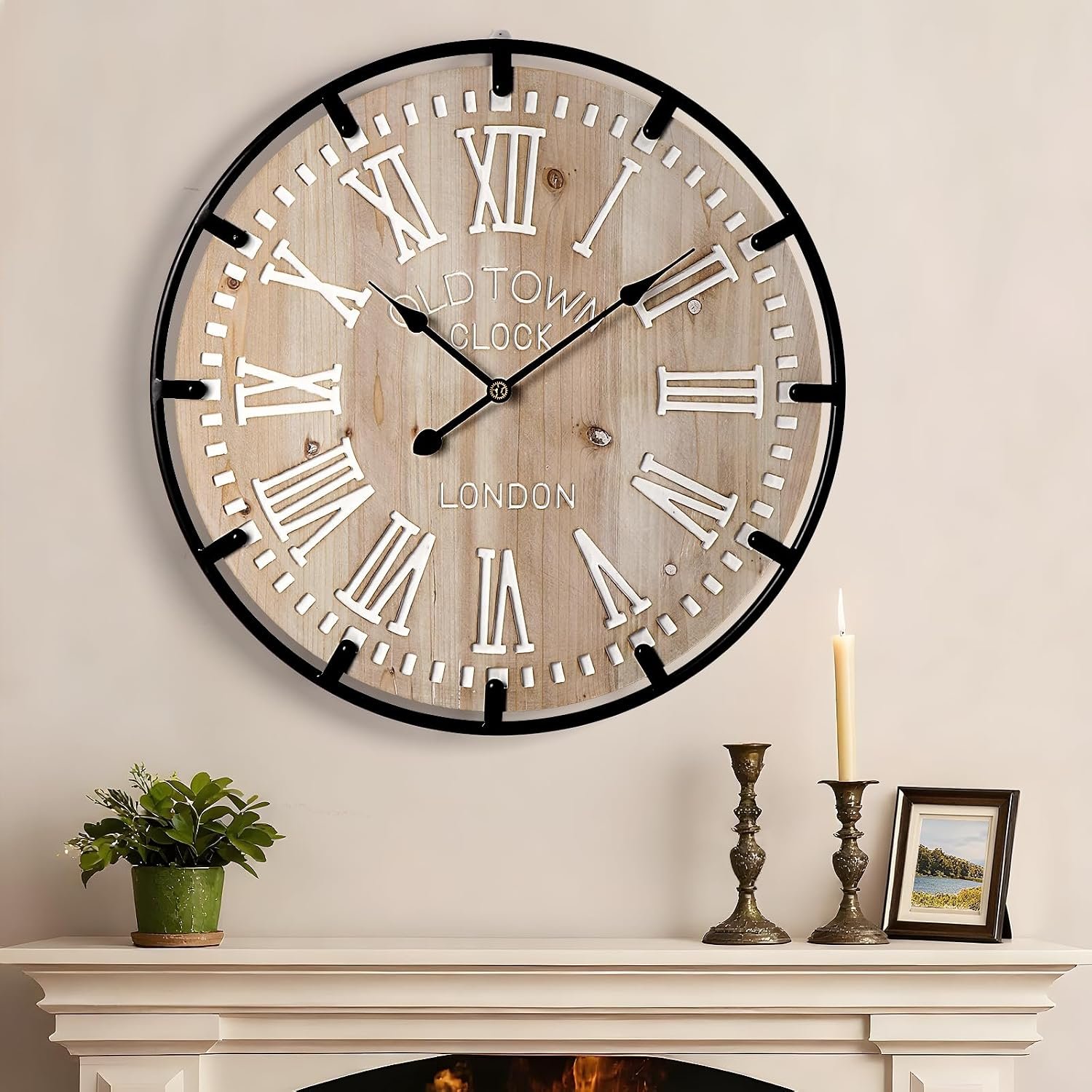 Vantic Farmhouse 30 Inch Wood Roman Large Wall Clock with Metal Circle
