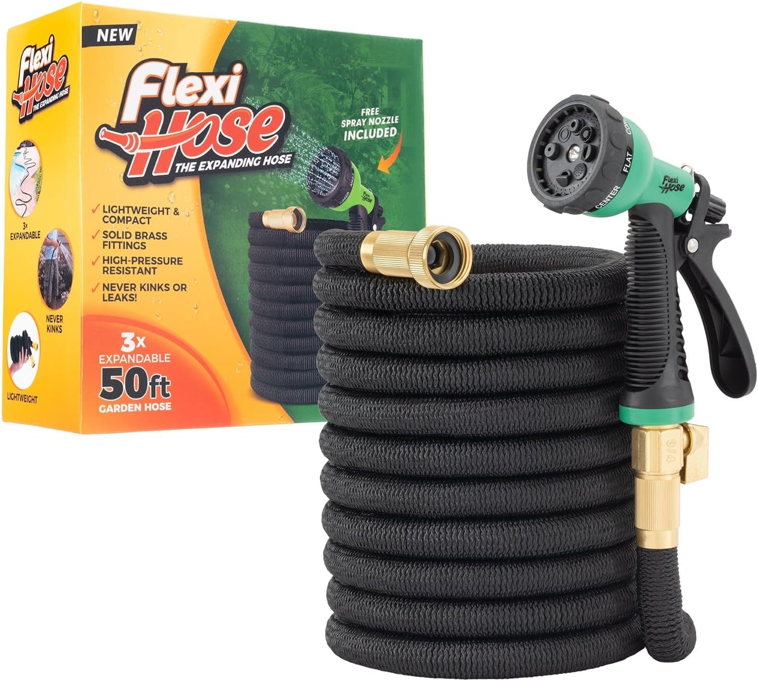 Flexi Hose with 8 Function Nozzle, 50FT – Lightweight Expandable Garden Hose, No-Kink Flexibility, 3/4 Inch Solid Brass Fittings and Double Latex Core