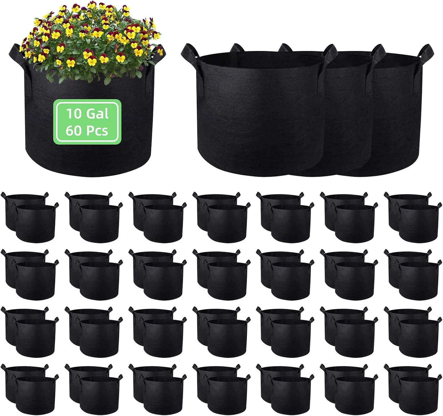 10 Gallon Garden Grow Bags, 60 Pack 10 Gal Planter Fabric Pot, Nonwoven Grow Bags Heavy Duty Aeration Fabric Pots with Handles, Garden Planters for Vegetables Flowers (10 Gal)