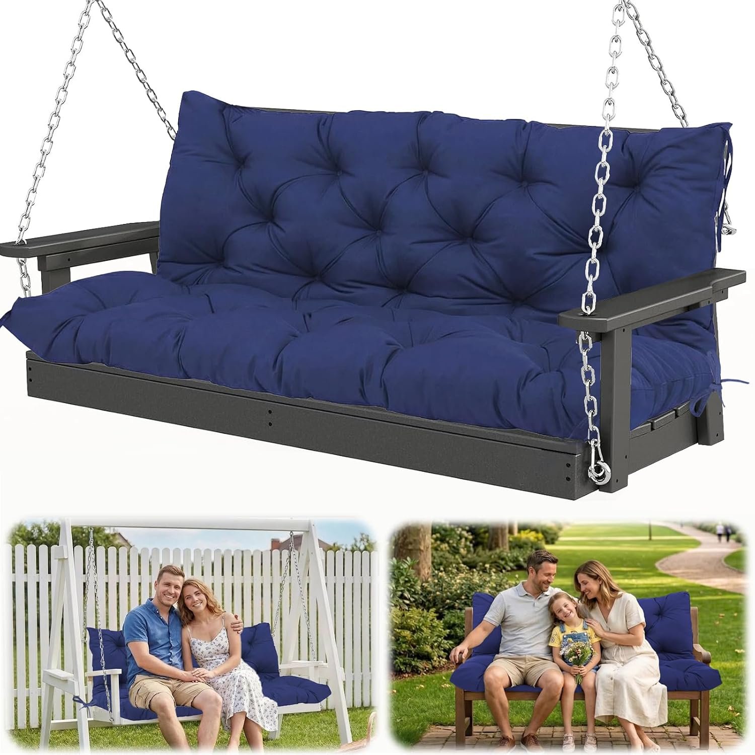 Waterproof Porch Swing Cushion Replacement, Thick 2–3 Seat Swing Seat Cushion with Backrest & Ties, Outdoor Bench Cushion for Patio Garden Porch Furniture (Navy Blue, 60 x 40in)