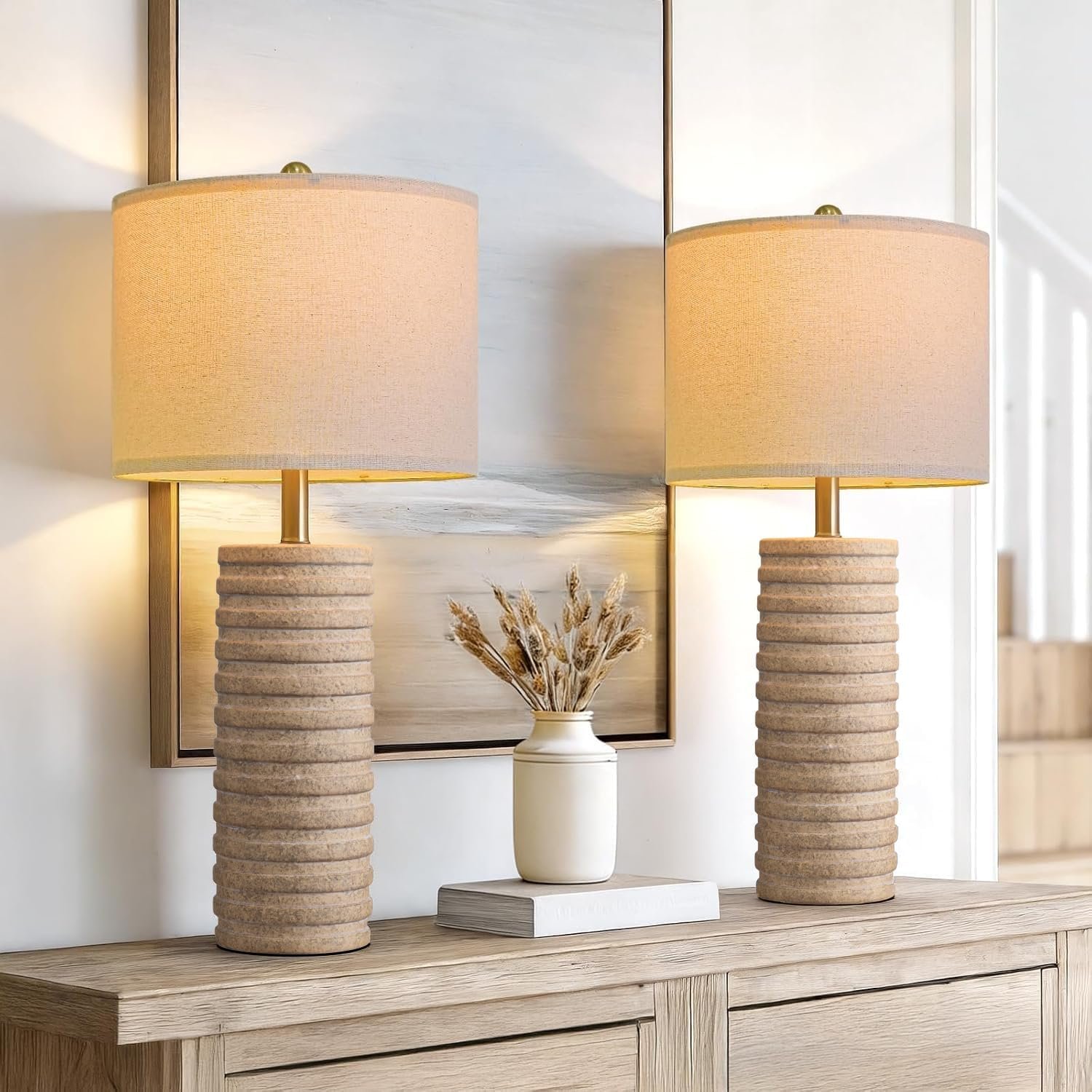 PoKat 27” Farmhouse Table Lamps Set of 2 for Living Room, Stone-Like