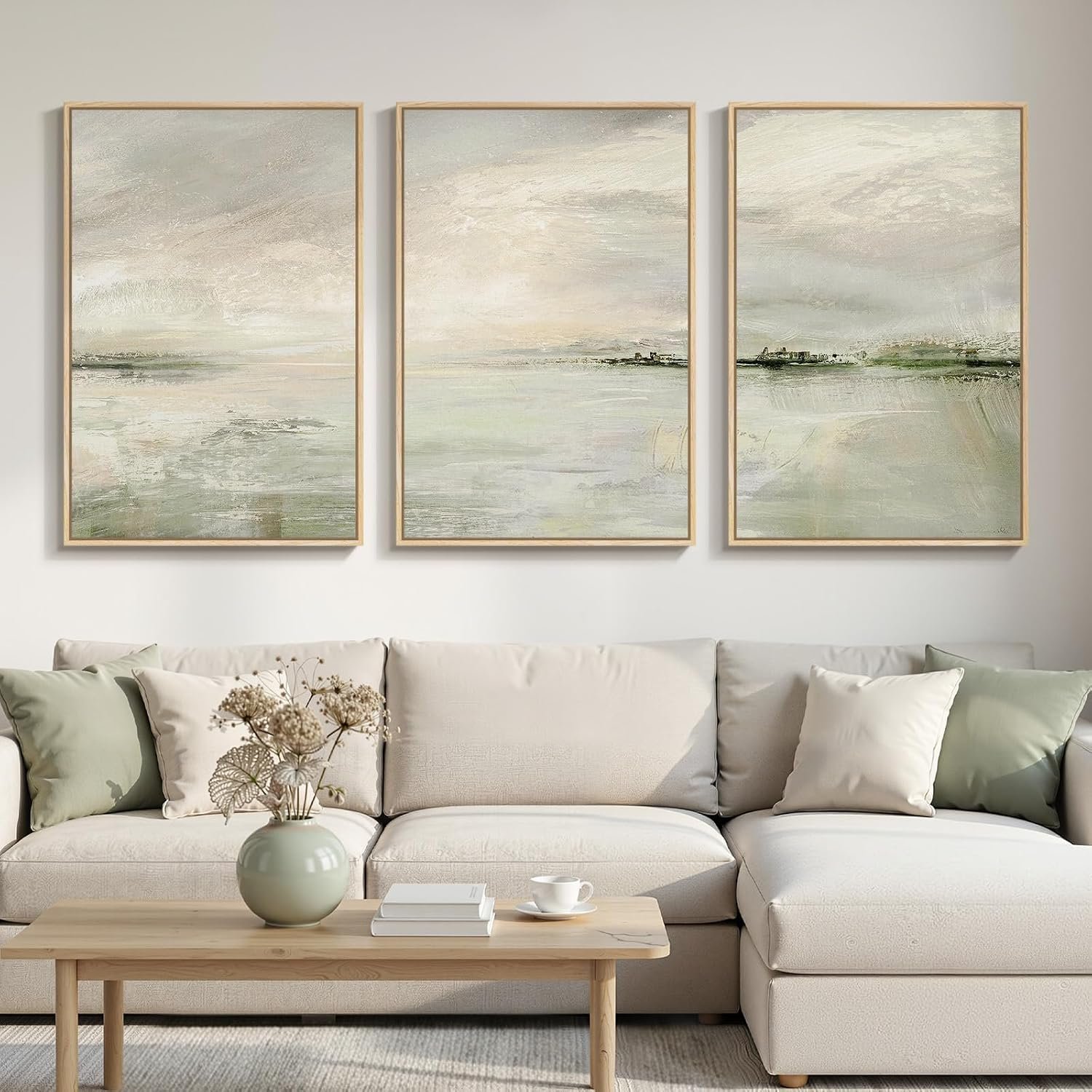 Large Framed Sage Green Abstract Landscape Wall Art for Living Room, 24×36