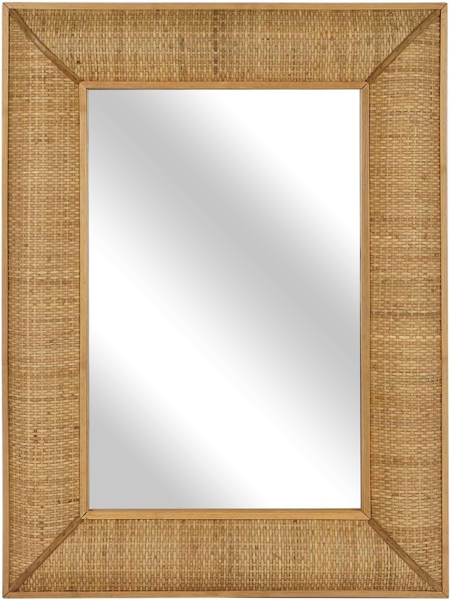 Boho Rattan Wall Mirror Wooden Framed Rectangle Mirror Rattan Decorative Farmhouse Hanging Mirror for Bathroom Vanity Entryway Living Room Home Wall Decor – 23.82″ x 1.78″ x 31.5″