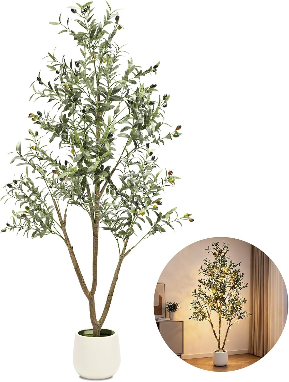 6FT Artificial Olive Tree with Lights & Planter, Realistic Faux Olive Plant