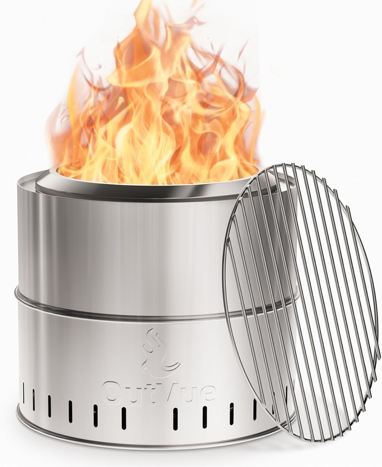 OutVue 15.5 inch Stainless Steel Smokeless Fire Pit with Grill & Tote Bag