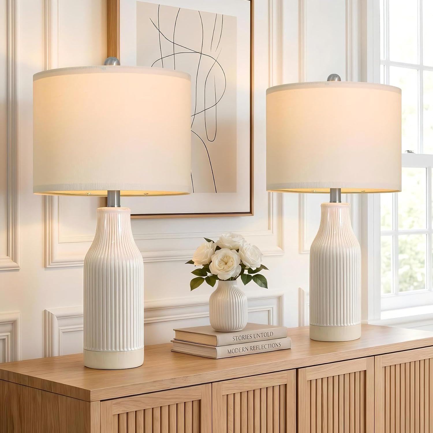 USumkky 23.75 inches Modern Ceramic Table Lamp Set of 2 for Living Room, Farmhouse Bedside Nightstand Lamp for Bedroom Home Office Dorm