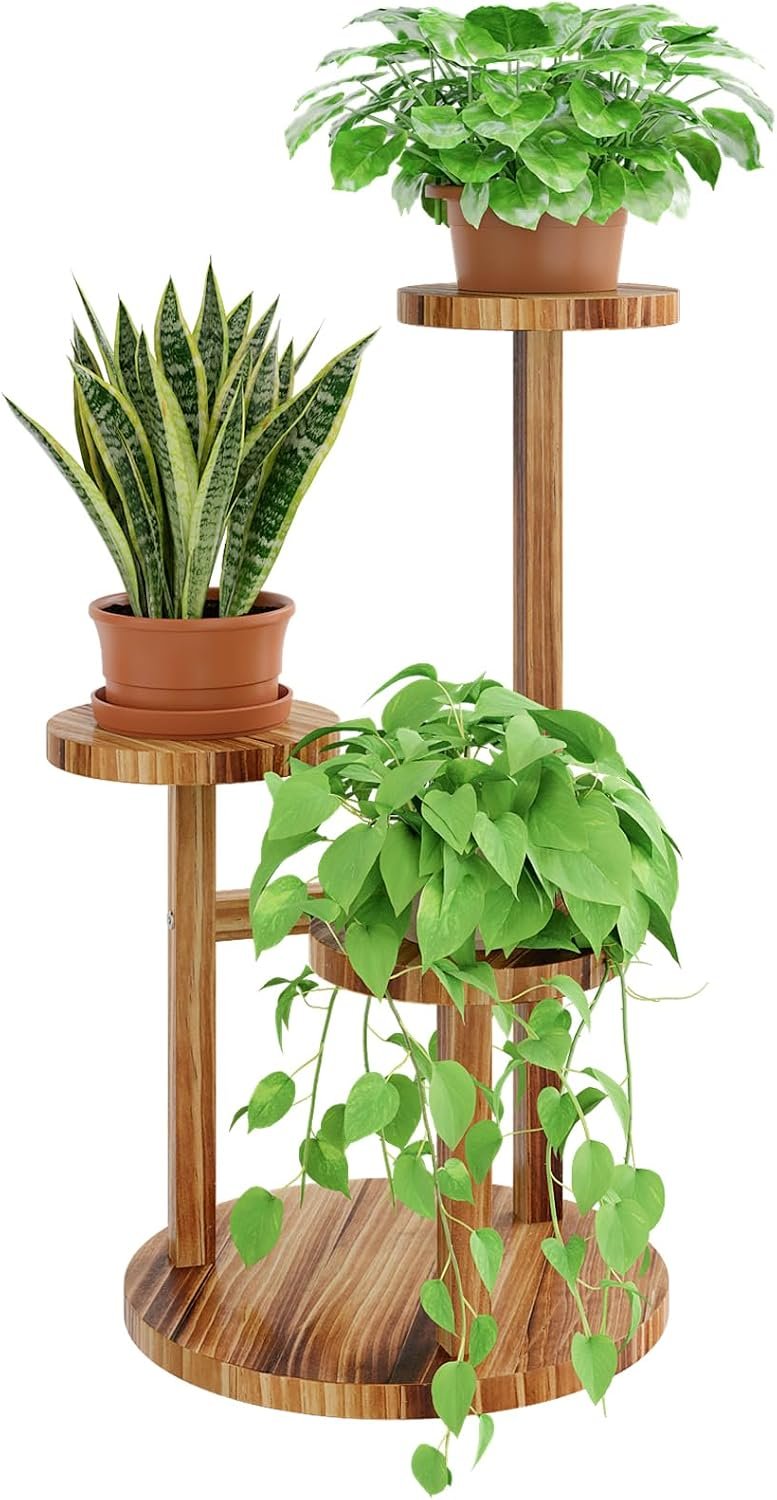 Bamworld Plant Stand Indoor 3 Tier Wood Plant Shelf for Multiple Plants, Tall Corner Plant Stand for Outdoor Round Flower Stand Plant Holder for Living Room Patio Garden Balcony
