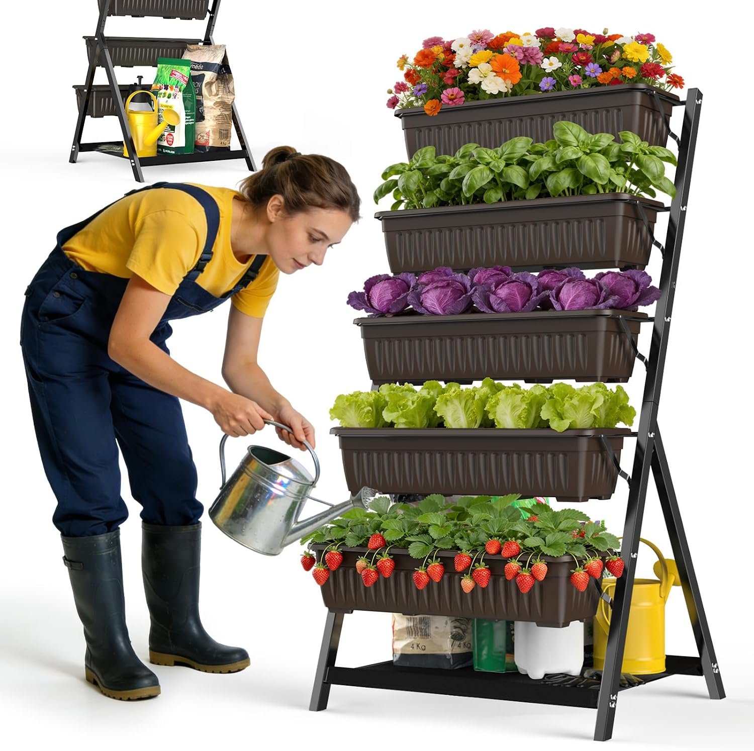 5-Tier Vertical Garden Bed Planter Boxes with Drainage System & Storage Space, Freestanding Vertical Garden Planter with 5 S-Hooks for Plants Vegetables Flowers Herbs in Garden Patio Yard