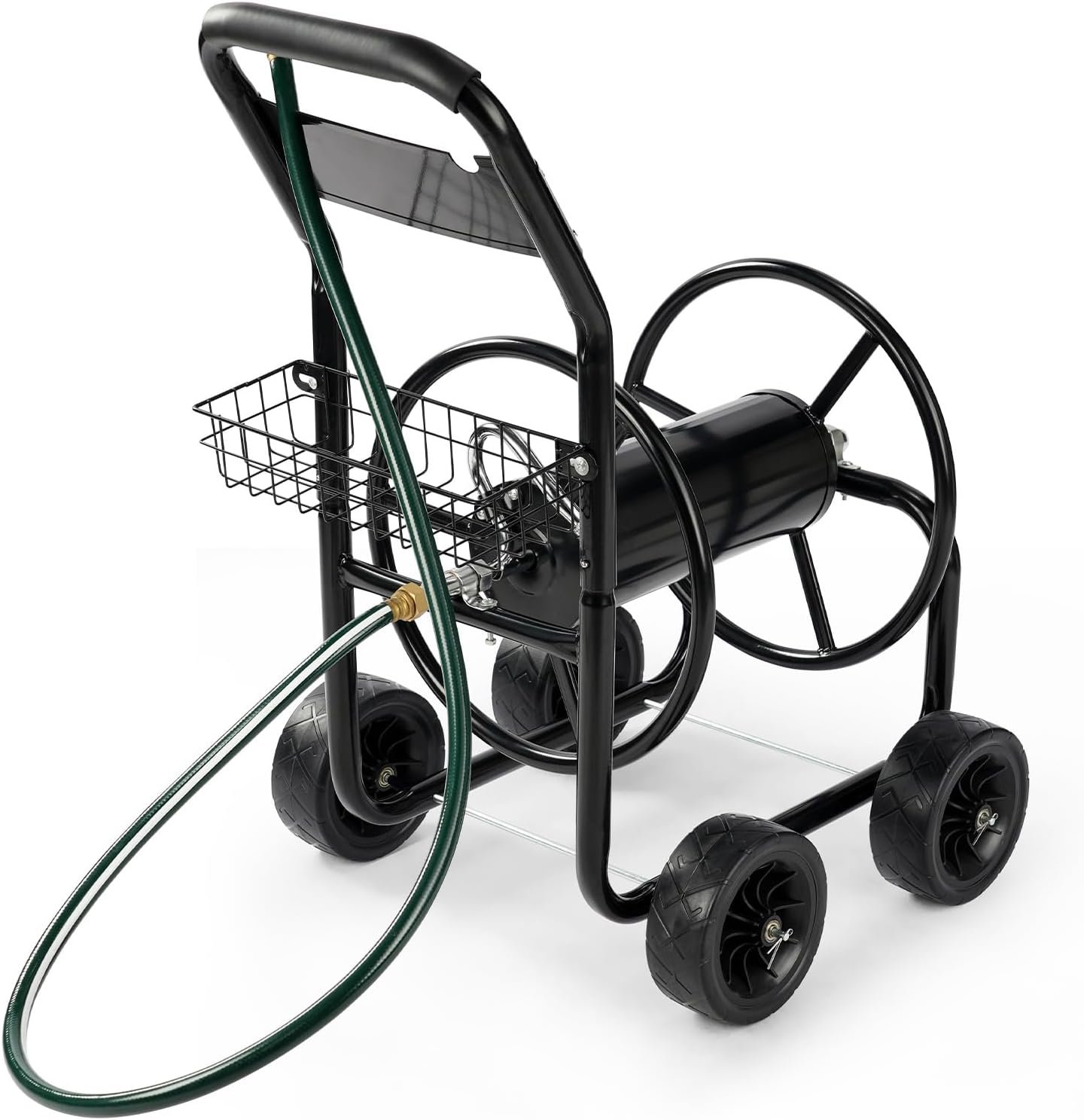 VINGLI 300FT 5/8in Garden Hose Reel Cart, 4-Wheel Portable Residential Hose Reel Cart, Hose Guide System with Storage Basket, Rust Resistant, for Family Yard, Garden and Farm (Black)