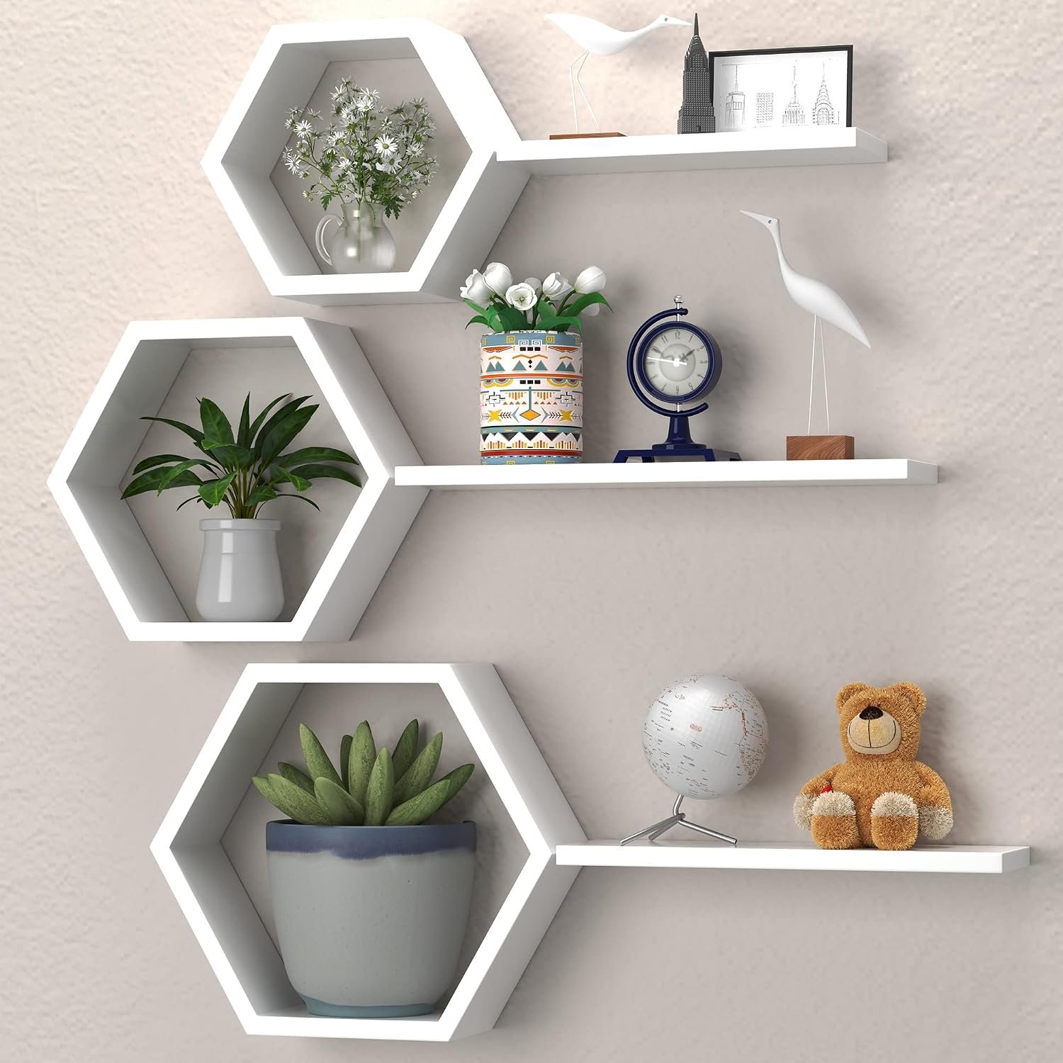 Wooden Hexagon Floating Shelves, Honey Comb Set of 6, Geometric Wall Decor for Bedroom, Living Room, Bathroom, Kitchen, Office – White Honeycomb Mounted Shelves